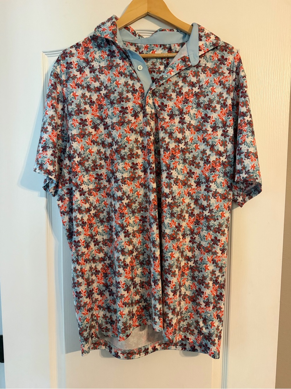 Puma Short-Sleeve Floral Button Polo in Light Blue & Red